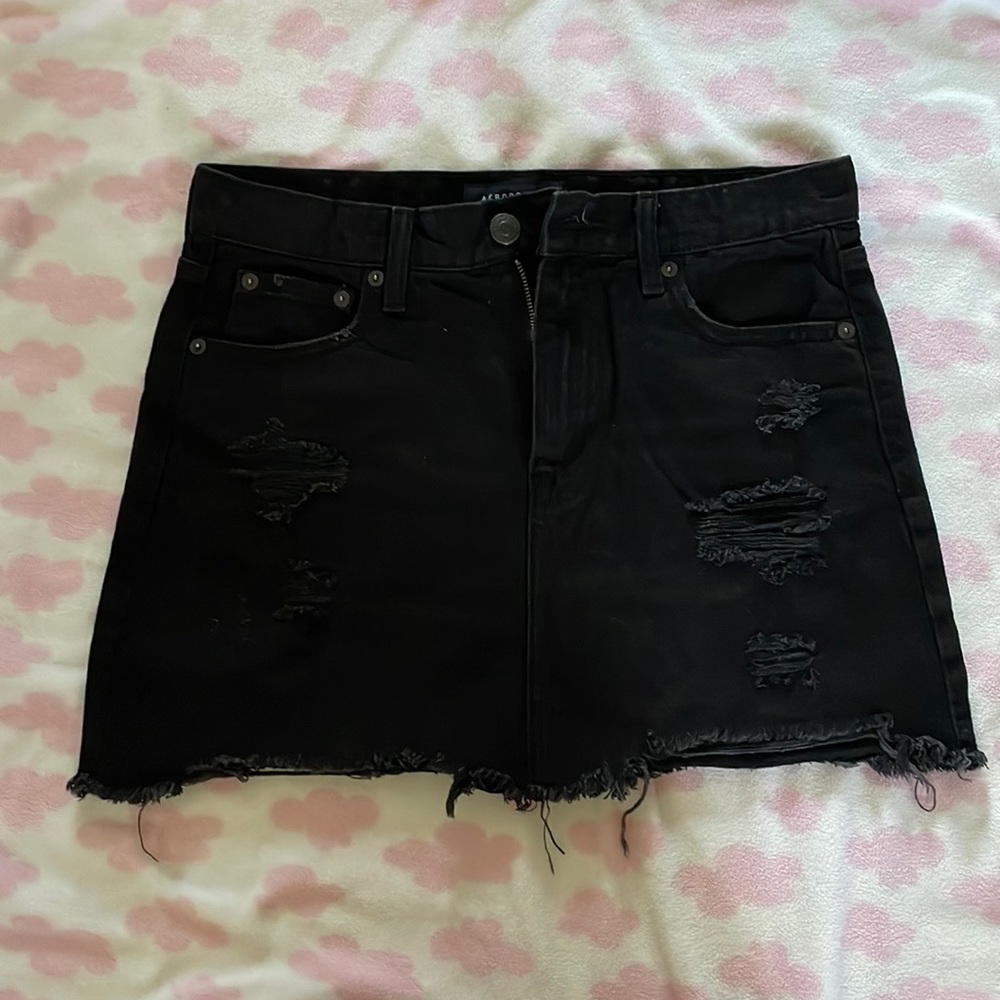 Black jean skirt distressed ripped like new